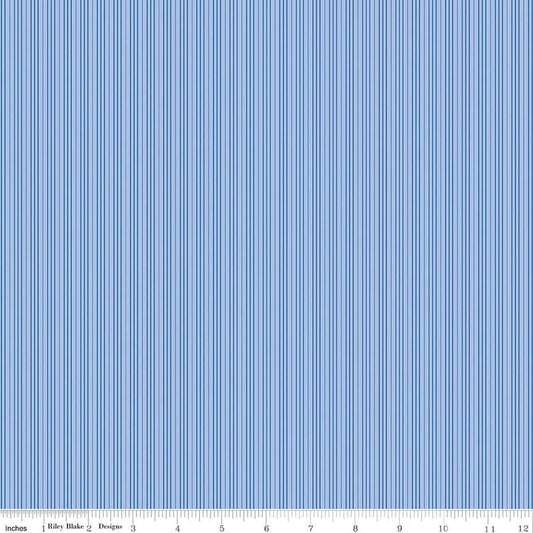 Image of Foxglove Stripes Blue quilting cotton fabric by Jill Finley for Riley Blake Designs. Features stripes on a blue background. Cute Little Fabric Shop.