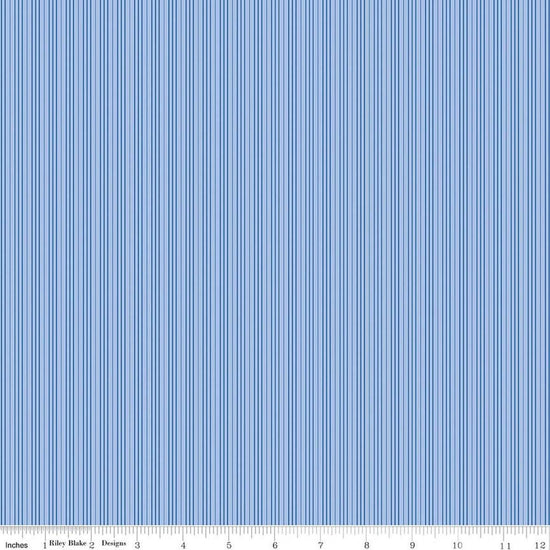 Image of Foxglove Stripes Blue quilting cotton fabric by Jill Finley for Riley Blake Designs. Features stripes on a blue background. Cute Little Fabric Shop.