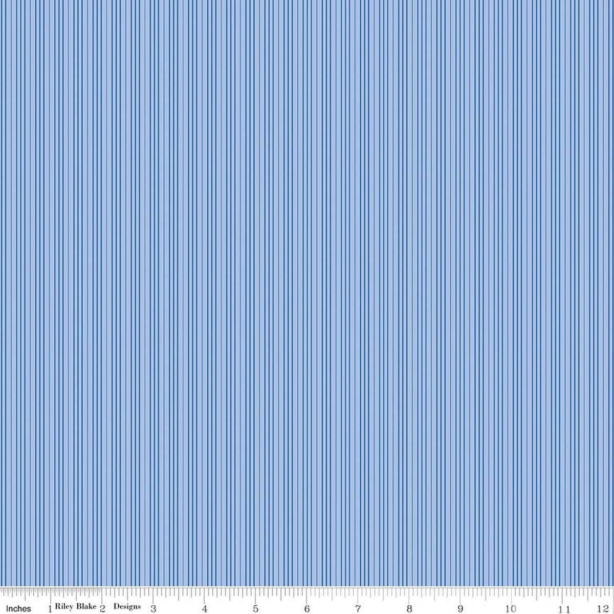 Image of Foxglove Stripes Blue quilting cotton fabric by Jill Finley for Riley Blake Designs. Features stripes on a blue background. Cute Little Fabric Shop.