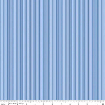 Image of Foxglove Stripes Blue quilting cotton fabric by Jill Finley for Riley Blake Designs. Features stripes on a blue background. Cute Little Fabric Shop.
