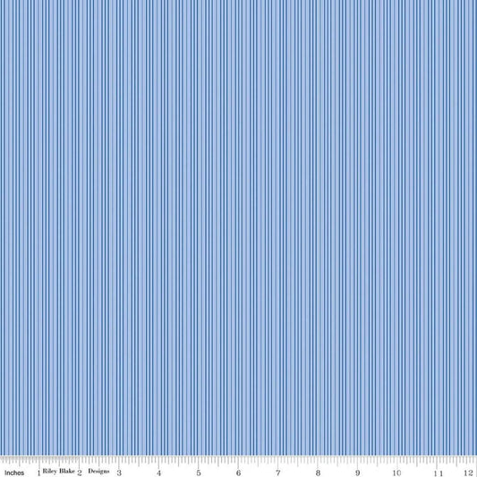 Image of Foxglove Stripes Blue quilting cotton fabric by Jill Finley for Riley Blake Designs. Features stripes on a blue background. Cute Little Fabric Shop.