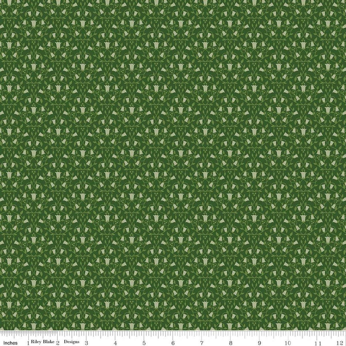 Image of Foxglove Damask Hunter quilting cotton fabric by Jill Finley for Riley Blake Designs. Features flowers on a green background. Cute Little Fabric Shop.