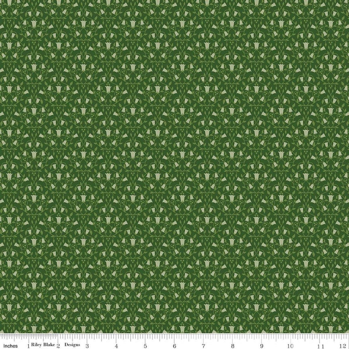 Image of Foxglove Damask Hunter quilting cotton fabric by Jill Finley for Riley Blake Designs. Features flowers on a green background. Cute Little Fabric Shop.