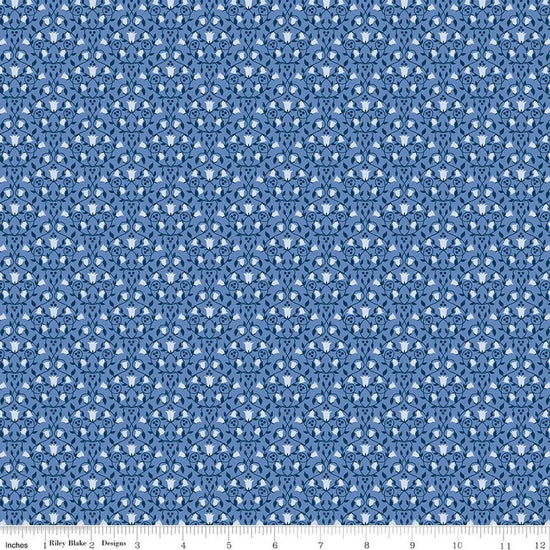 Image of Foxglove Damask Periwinkle quilting cotton fabric by Jill Finley for Riley Blake Designs. Features flowers on a blue background. Cute Little Fabric Shop.