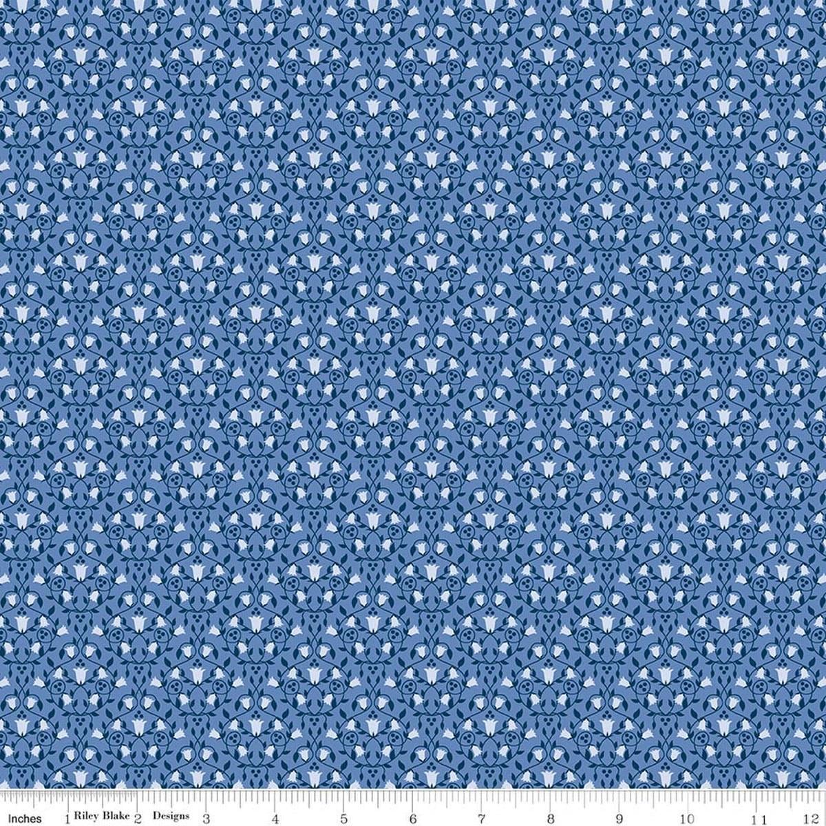 Image of Foxglove Damask Periwinkle quilting cotton fabric by Jill Finley for Riley Blake Designs. Features flowers on a blue background. Cute Little Fabric Shop.