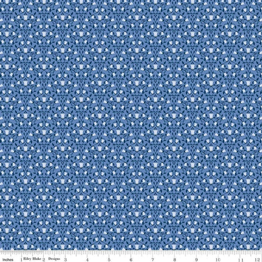 Image of Foxglove Damask Periwinkle quilting cotton fabric by Jill Finley for Riley Blake Designs. Features flowers on a blue background. Cute Little Fabric Shop.