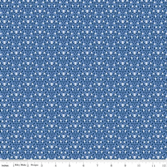 Image of Foxglove Damask Periwinkle quilting cotton fabric by Jill Finley for Riley Blake Designs. Features flowers on a blue background. Cute Little Fabric Shop.
