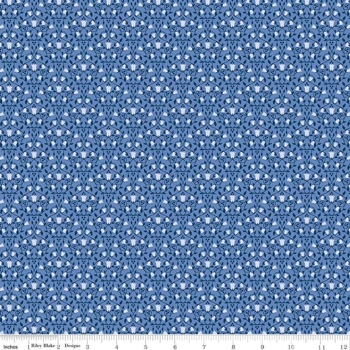 Image of Foxglove Damask Periwinkle quilting cotton fabric by Jill Finley for Riley Blake Designs. Features flowers on a blue background. Cute Little Fabric Shop.