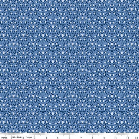 Image of Foxglove Damask Periwinkle quilting cotton fabric by Jill Finley for Riley Blake Designs. Features flowers on a blue background. Cute Little Fabric Shop.