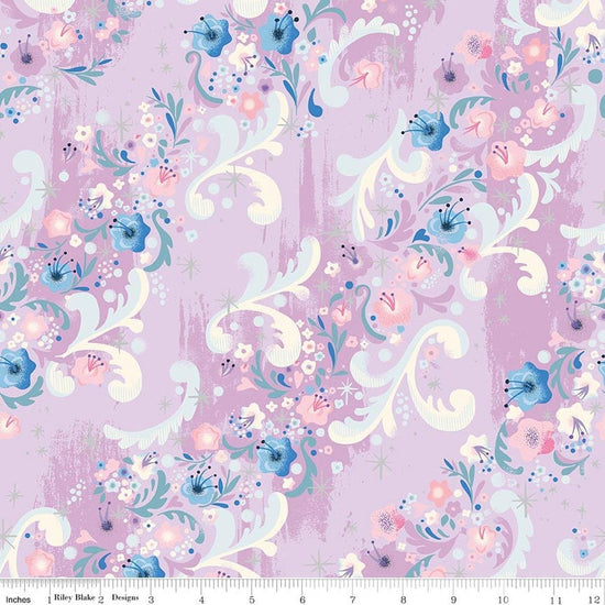 Image of Wishes Cindy's Flowers Vanity Sparkle quilting cotton fabric by Jill Howarth for Riley Blake Designs. Features flowers on a purple background. Cute Little Fabric Shop.