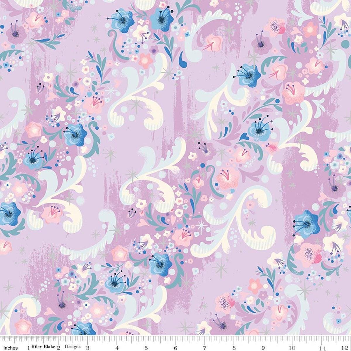 Image of Wishes Cindy's Flowers Vanity Sparkle quilting cotton fabric by Jill Howarth for Riley Blake Designs. Features flowers on a purple background. Cute Little Fabric Shop.
