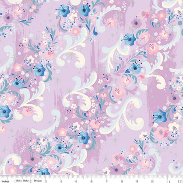 Image of Wishes Cindy's Flowers Vanity Sparkle quilting cotton fabric by Jill Howarth for Riley Blake Designs. Features flowers on a purple background. Cute Little Fabric Shop.