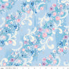 Image of Wishes Cindy's Flowers Frost Sparkle quilting cotton fabric by Jill Howarth for Riley Blake Designs. Features flowers on a blue background. Cute Little Fabric Shop.