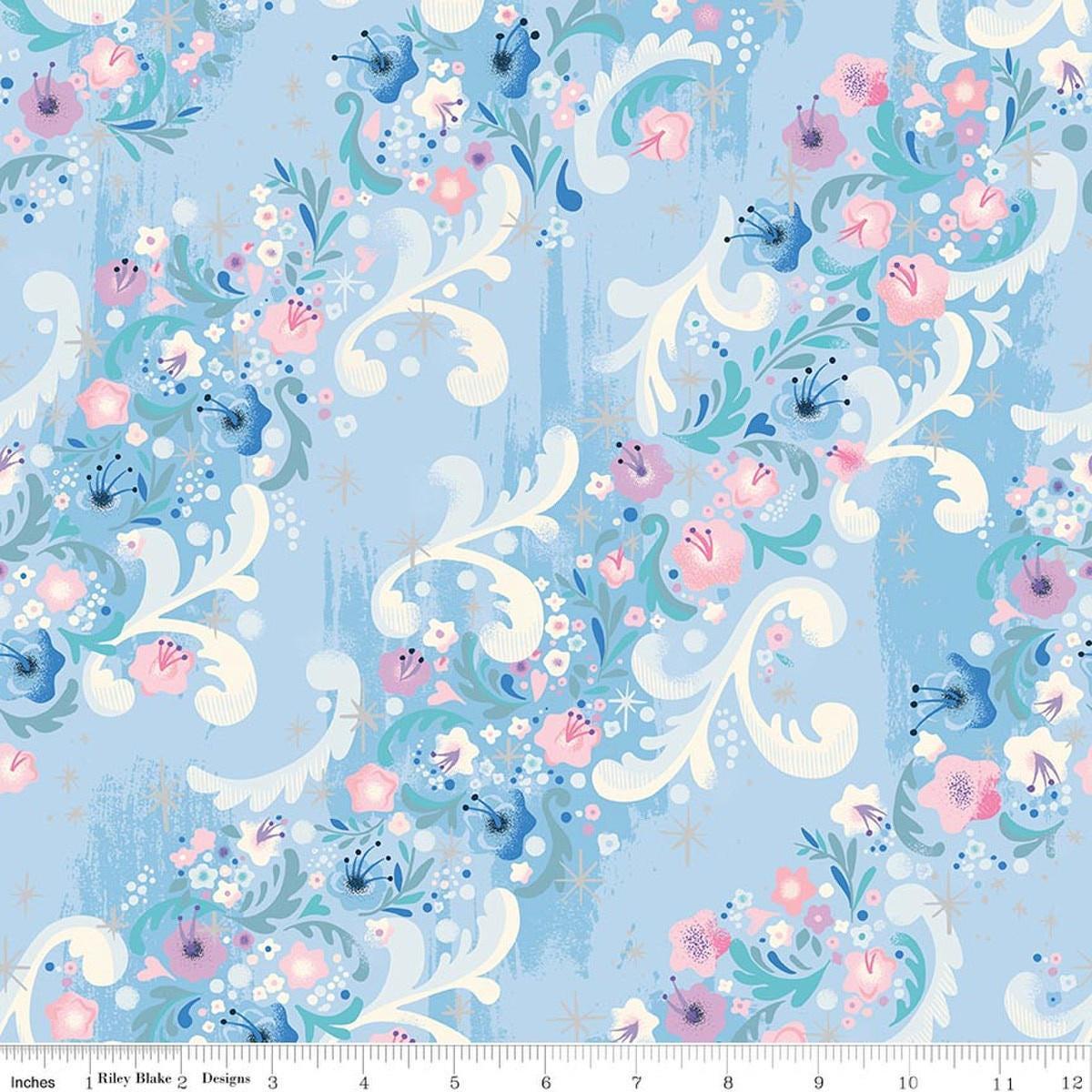 Image of Wishes Cindy's Flowers Frost Sparkle quilting cotton fabric by Jill Howarth for Riley Blake Designs. Features flowers on a blue background. Cute Little Fabric Shop.