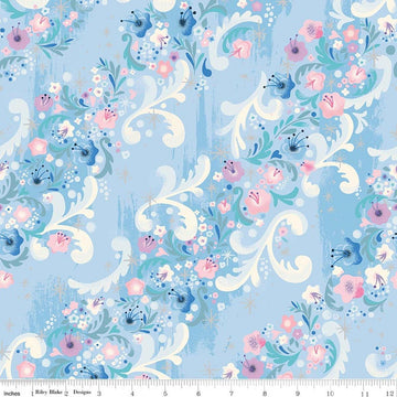 Image of Wishes Cindy's Flowers Frost Sparkle quilting cotton fabric by Jill Howarth for Riley Blake Designs. Features flowers on a blue background. Cute Little Fabric Shop.