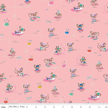Image of Wishes Workers Petunia Sparkle quilting cotton fabric by Jill Howarth for Riley Blake Designs. Features mice on a pink background. Cute Little Fabric Shop.