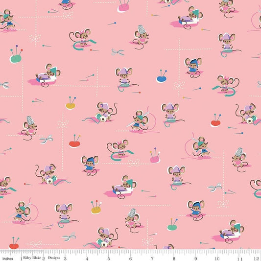 Image of Wishes Workers Petunia Sparkle quilting cotton fabric by Jill Howarth for Riley Blake Designs. Features mice on a pink background. Cute Little Fabric Shop.