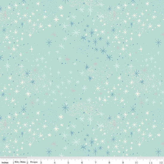 Image of Wishes Magic Songbird Sparkle quilting cotton fabric by Jill Howarth for Riley Blake Designs. Features stars on a blue background. Cute Little Fabric Shop.