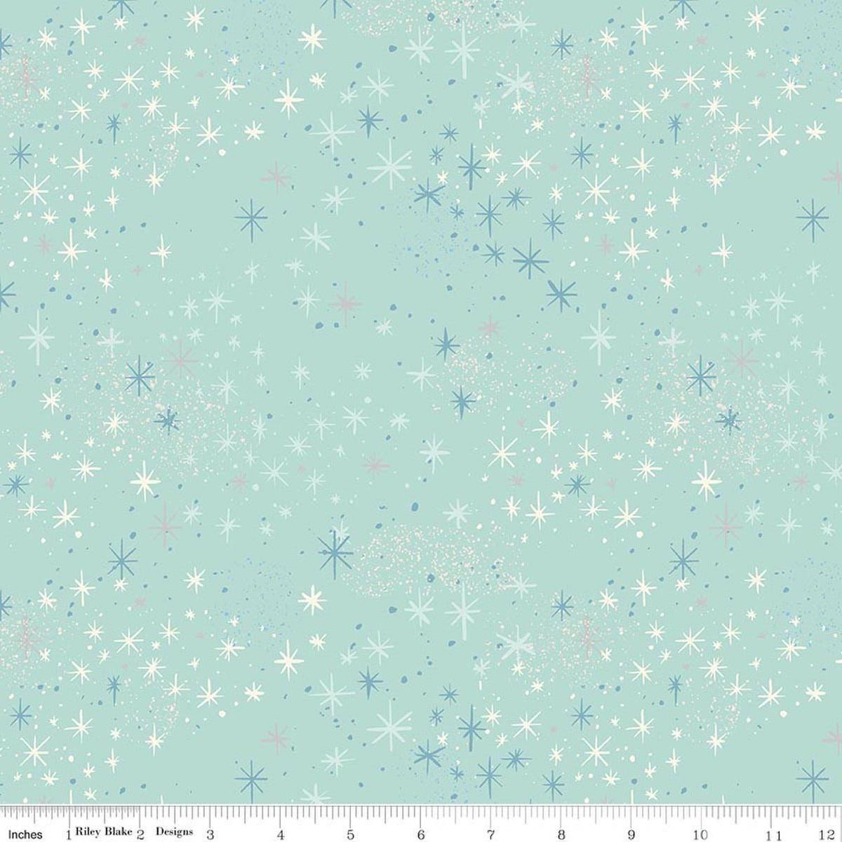 Image of Wishes Magic Songbird Sparkle quilting cotton fabric by Jill Howarth for Riley Blake Designs. Features stars on a blue background. Cute Little Fabric Shop.