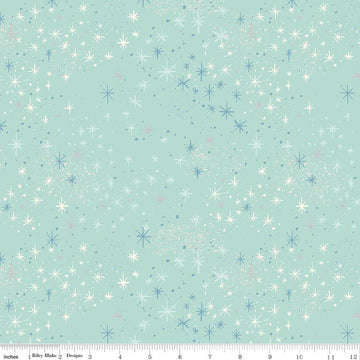Image of Wishes Magic Songbird Sparkle quilting cotton fabric by Jill Howarth for Riley Blake Designs. Features stars on a blue background. Cute Little Fabric Shop.