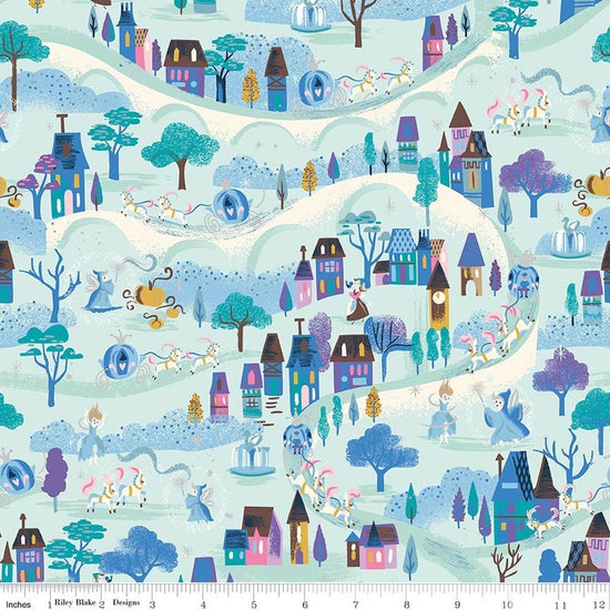 Image of Wishes Moonlight Bleached Denim Sparkle quilting cotton fabric by Jill Howarth for Riley Blake Designs. Features a town on a blue background. Cute Little Fabric Shop.