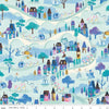 Image of Wishes Moonlight Bleached Denim Sparkle quilting cotton fabric by Jill Howarth for Riley Blake Designs. Features a town on a blue background. Cute Little Fabric Shop.