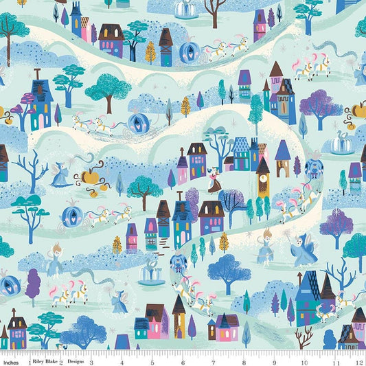 Image of Wishes Moonlight Bleached Denim Sparkle quilting cotton fabric by Jill Howarth for Riley Blake Designs. Features a town on a blue background. Cute Little Fabric Shop.