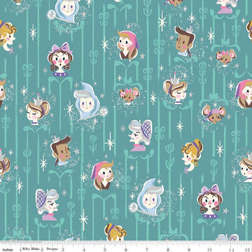 Image of Wishes Cast Raindrop Sparkle quilting cotton fabric by Jill Howarth for Riley Blake Designs. Features Cinderella characters on a blue background. Cute Little Fabric Shop.