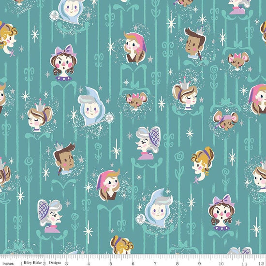 Image of Wishes Cast Raindrop Sparkle quilting cotton fabric by Jill Howarth for Riley Blake Designs. Features Cinderella characters on a blue background. Cute Little Fabric Shop.