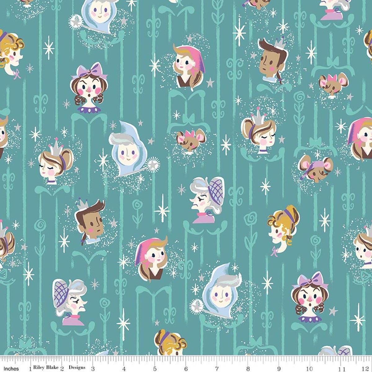 Image of Wishes Cast Raindrop Sparkle quilting cotton fabric by Jill Howarth for Riley Blake Designs. Features Cinderella characters on a blue background. Cute Little Fabric Shop.