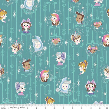 Image of Wishes Cast Raindrop Sparkle quilting cotton fabric by Jill Howarth for Riley Blake Designs. Features Cinderella characters on a blue background. Cute Little Fabric Shop.