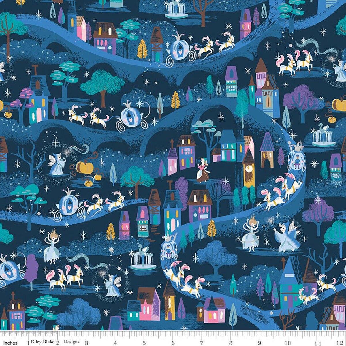 Image of Wishes Moonlight Blueberry Sparkle quilting cotton fabric by Jill Howarth for Riley Blake Designs. Features a town on a blue background. Cute Little Fabric Shop.