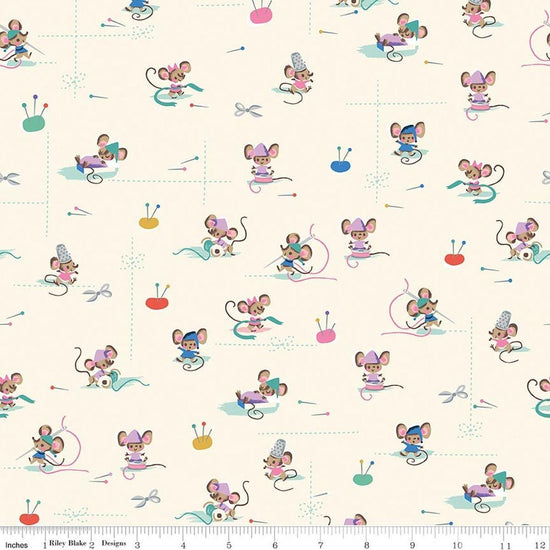 Image of Wishes Workers Vintage White Sparkle quilting cotton fabric by Jill Howarth for Riley Blake Designs. Features mice on a cream background. Cute Little Fabric Shop.