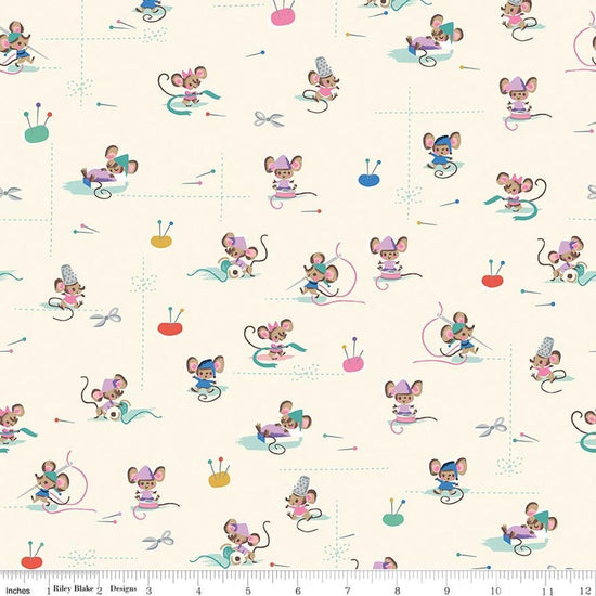 Image of Wishes Workers Vintage White Sparkle quilting cotton fabric by Jill Howarth for Riley Blake Designs. Features mice on a cream background. Cute Little Fabric Shop.