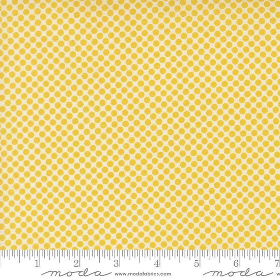 Image of Gathered Bonbons Crammed Dots Citrine quilting cotton fabric by Jen Kingwell for Moda Fabrics. Features polka dots on a yellow background. Cute Little Fabric Shop.
