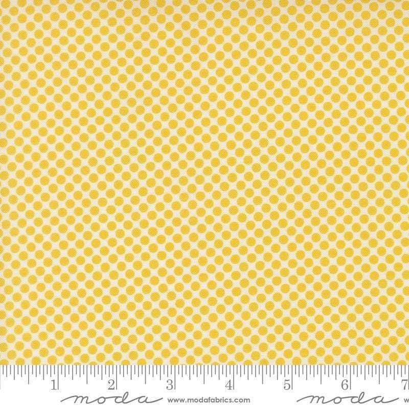 Image of Gathered Bonbons Crammed Dots Citrine quilting cotton fabric by Jen Kingwell for Moda Fabrics. Features polka dots on a yellow background. Cute Little Fabric Shop.