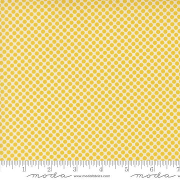 Image of Gathered Bonbons Crammed Dots Citrine quilting cotton fabric by Jen Kingwell for Moda Fabrics. Features polka dots on a yellow background. Cute Little Fabric Shop.