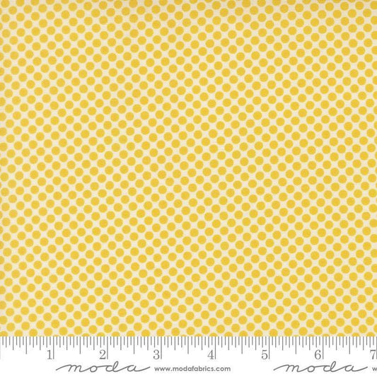 Image of Gathered Bonbons Crammed Dots Citrine quilting cotton fabric by Jen Kingwell for Moda Fabrics. Features polka dots on a yellow background. Cute Little Fabric Shop.