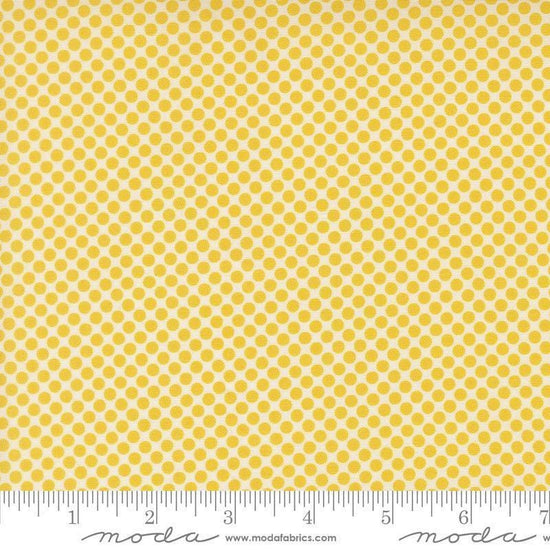 Image of Gathered Bonbons Crammed Dots Citrine quilting cotton fabric by Jen Kingwell for Moda Fabrics. Features polka dots on a yellow background. Cute Little Fabric Shop.