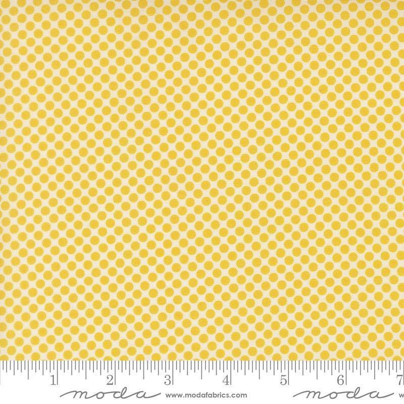 Image of Gathered Bonbons Crammed Dots Citrine quilting cotton fabric by Jen Kingwell for Moda Fabrics. Features polka dots on a yellow background. Cute Little Fabric Shop.