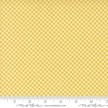 Image of Gathered Bonbons Crammed Dots Citrine quilting cotton fabric by Jen Kingwell for Moda Fabrics. Features polka dots on a yellow background. Cute Little Fabric Shop.