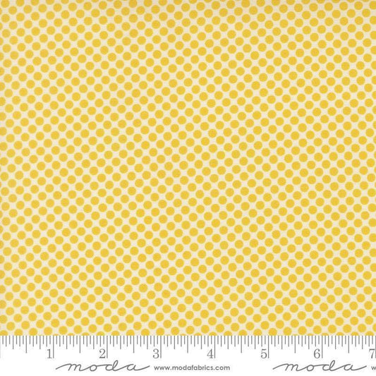 Image of Gathered Bonbons Crammed Dots Citrine quilting cotton fabric by Jen Kingwell for Moda Fabrics. Features polka dots on a yellow background. Cute Little Fabric Shop.