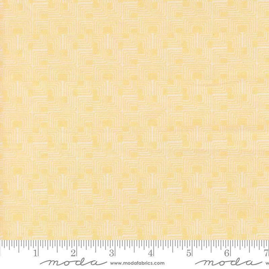 Image of Gathered Bonbons Front Stoops Butterscotch quilting cotton fabric by Jen Kingwell for Moda Fabrics. Features a geometric pattern on a yellow background. Cute Little Fabric Shop.