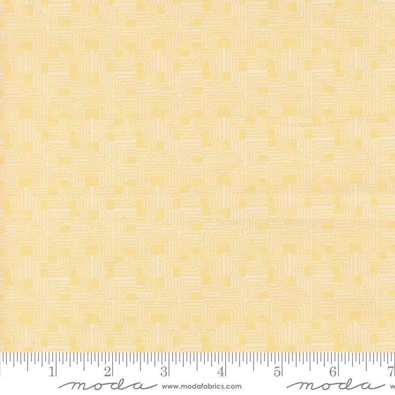 Image of Gathered Bonbons Front Stoops Butterscotch quilting cotton fabric by Jen Kingwell for Moda Fabrics. Features a geometric pattern on a yellow background. Cute Little Fabric Shop.