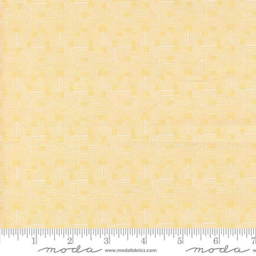 Image of Gathered Bonbons Front Stoops Butterscotch quilting cotton fabric by Jen Kingwell for Moda Fabrics. Features a geometric pattern on a yellow background. Cute Little Fabric Shop.