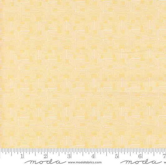 Image of Gathered Bonbons Front Stoops Butterscotch quilting cotton fabric by Jen Kingwell for Moda Fabrics. Features a geometric pattern on a yellow background. Cute Little Fabric Shop.