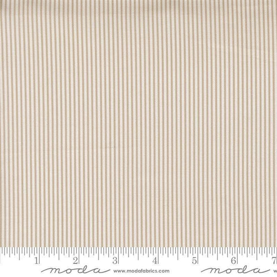 Image of Gathered Bonbons Hazels Stripes Stone quilting cotton fabric by Jen Kingwell for Moda Fabrics. Features stripes on a brown background. Cute Little Fabric Shop.