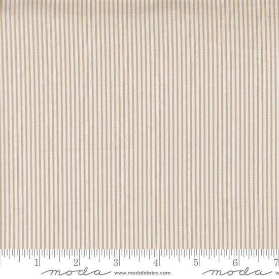 Image of Gathered Bonbons Hazels Stripes Stone quilting cotton fabric by Jen Kingwell for Moda Fabrics. Features stripes on a brown background. Cute Little Fabric Shop.