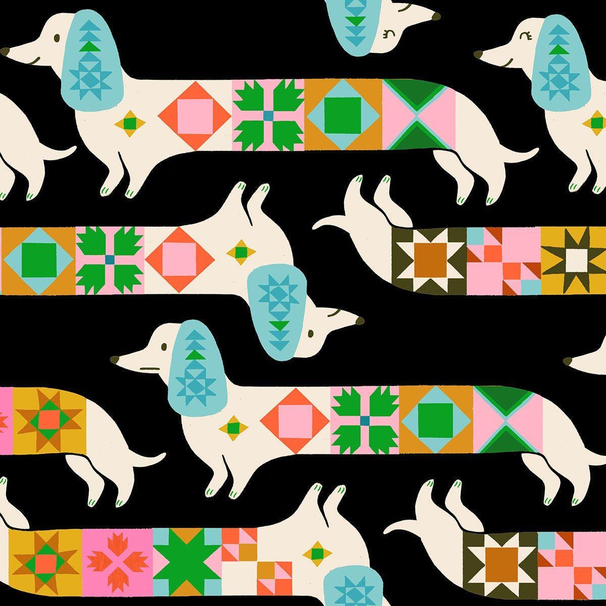 Image of 1 800 Notion Quilty Dog Soft Black quilting cotton fabric by Ruby Star Society for Moda Fabrics. Features geometric dogs on a black background. Cute Little Fabrics Shop.