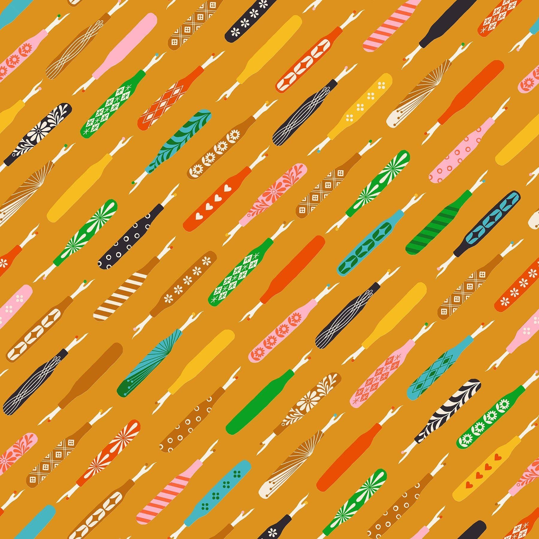 Image of 1 800 Notion Seam Rippers Honey quilting cotton fabric by Ruby Star Society for Moda Fabrics. Features sewing accessories on a gold background. Cute Little Fabrics Shop.